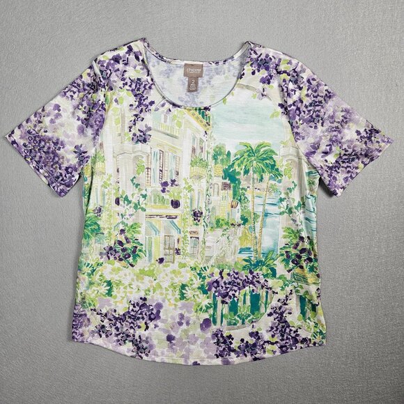 Chico's Tropical Scene T-Shirt Women's | Size 2 | Short Sleeve - Picture 1 of 5